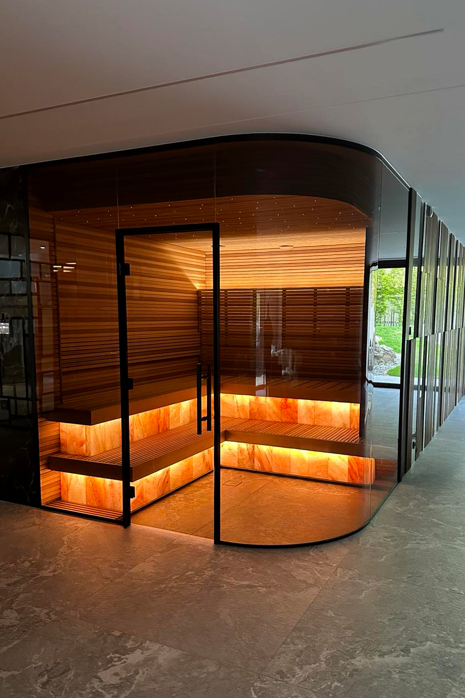 Illuminated Himalayan salt strips in the sauna